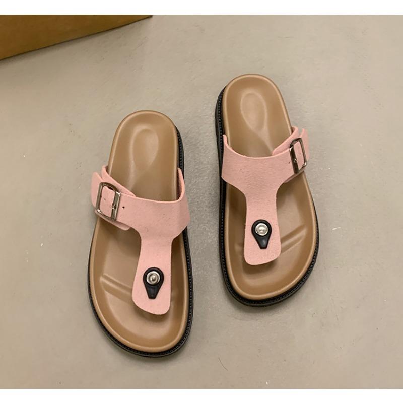 Thick Soled, Slipper, Summer, Outerwear, Toe Clip, Flat Strap, Adjustable, Square Buckle, Thick Soled Slipper, Flip Flops