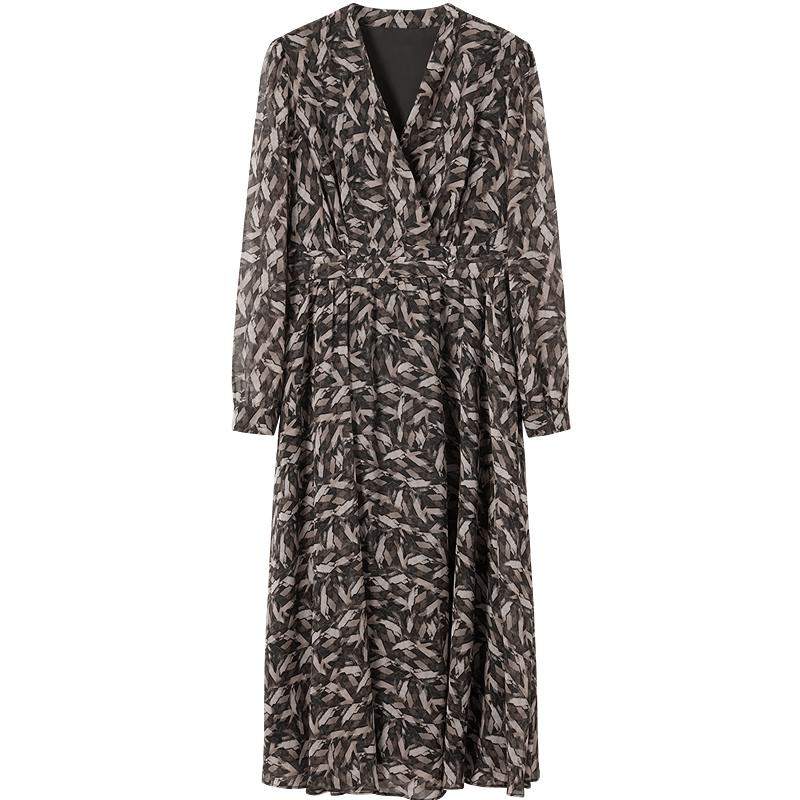 JUZUI Women s 2026 Spring Elegant Geometric Print Chiffon Cinch Waist Dress S