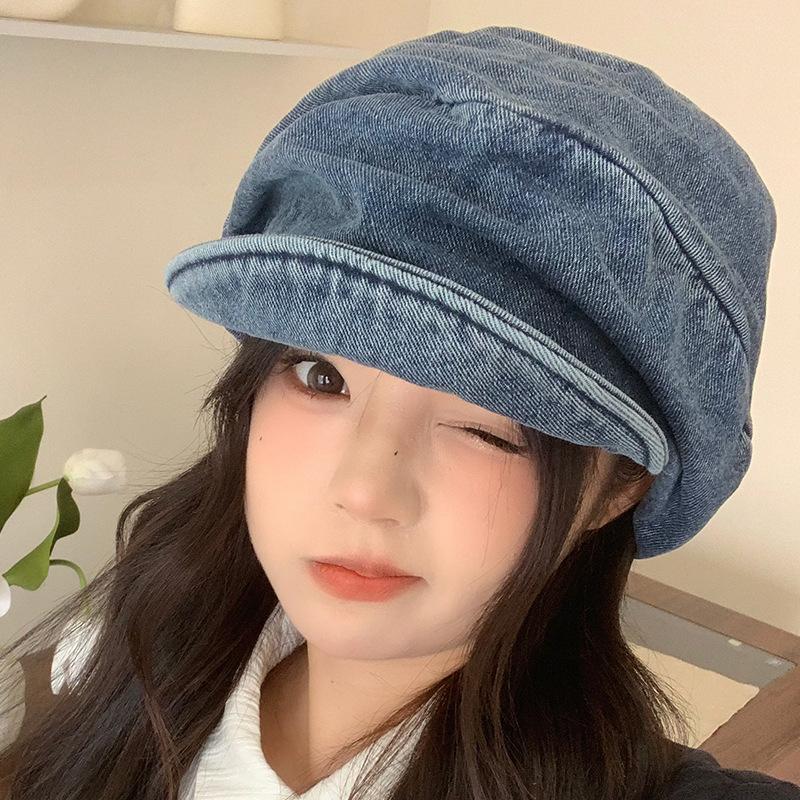 Japanese Washed Old Denim Pleated Beret Hat for Women Retro All Match Face Showing Little Painter Octagonal Hat Newsboy Hat