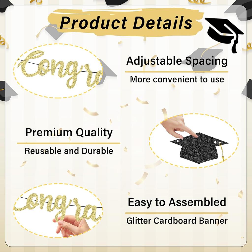 Graduation Banner-Gold Glitter Congratulation Banner -Class of 2025 Congratulations Decorations,congrats Grad Banner for Party Supplies Graduation