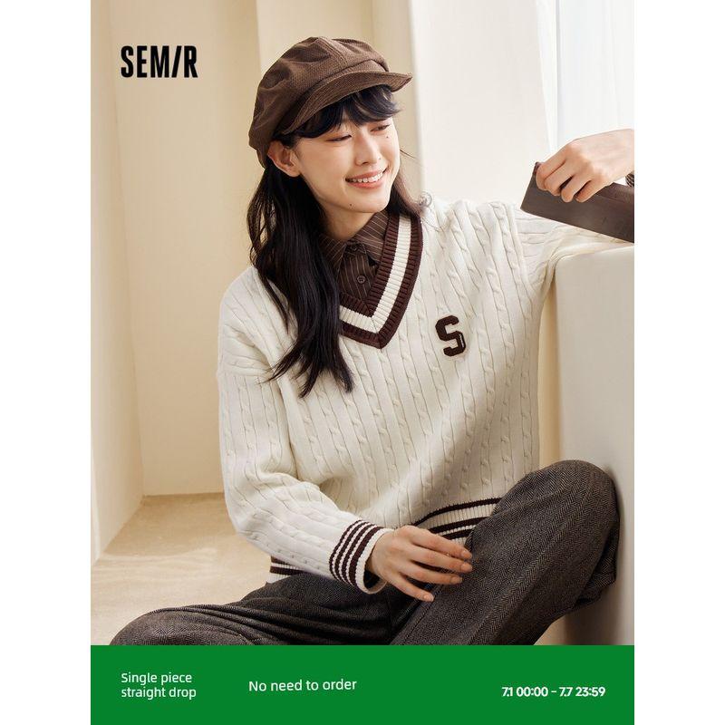 

Senma Sweater Female Contrast Color V-neck Loose Shoulder Artsy Winter Trendy Letter Twisted Flower Tops Retro College Style White 00311 165/88A/L