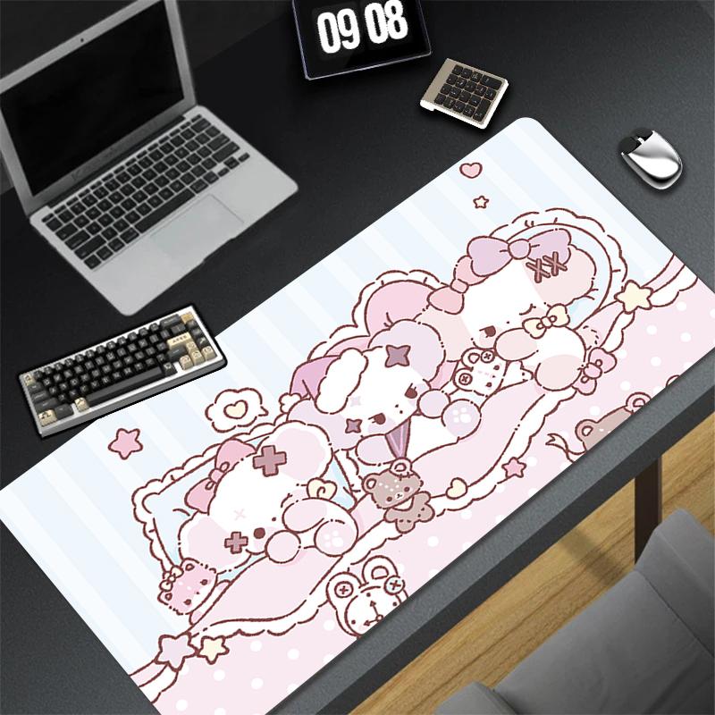 Gaming Mouse Pad Antislip Stitched Edges Pink Cute Cartoon Artwork Print Keyboard Pad for Gamer Home Office Desk Mat