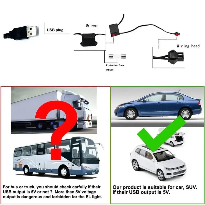 5M Car Interior LED Strip Light EL Wire Neon Ambient Lighting USB Flexible Decoration DIY Auto Party Atmosphere Lamp Diode