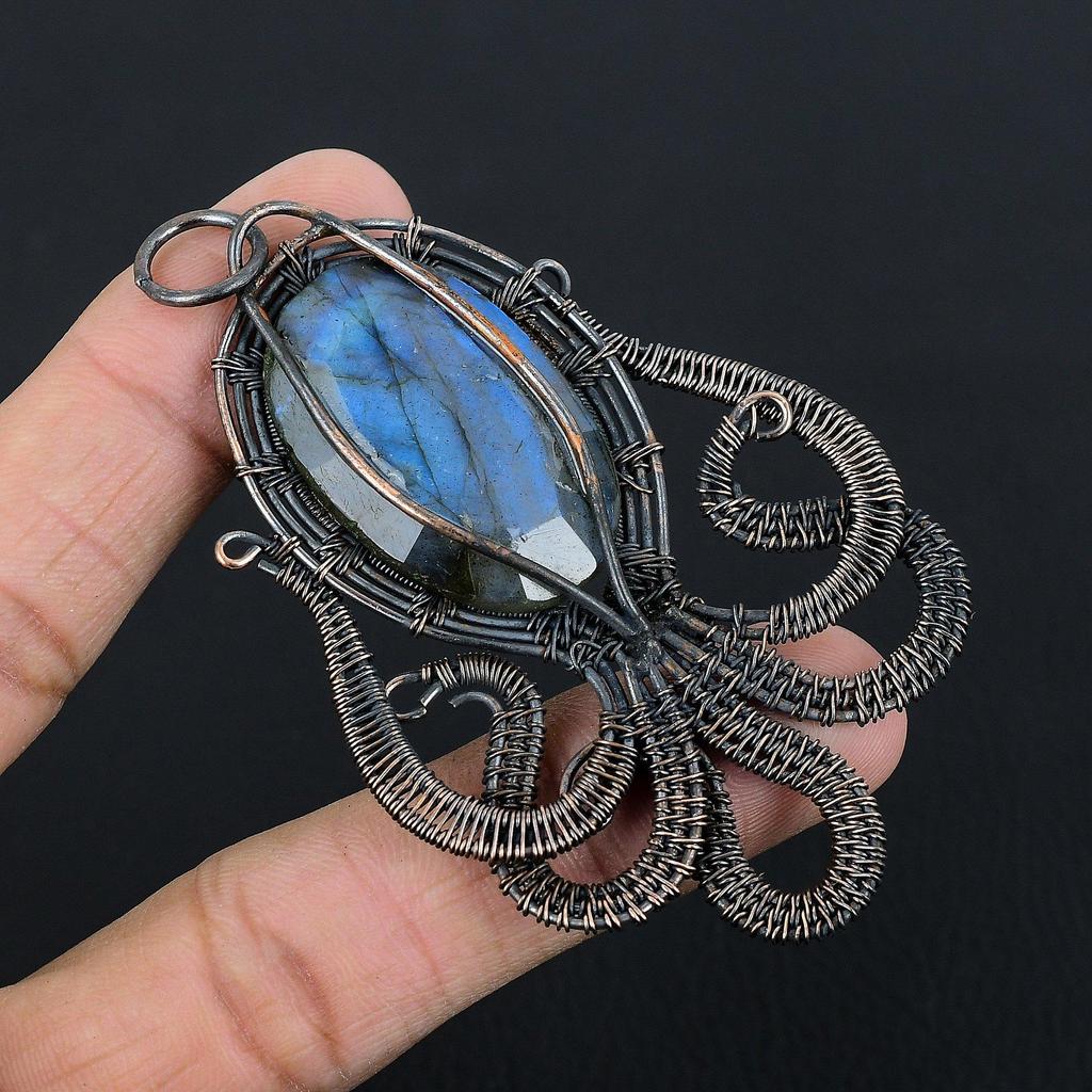 Labradorite Pendant, Handmade Gemstone 999 Copper Wire Wrapped Pendant Antique Jewelry, For Gift Silver Jewelry