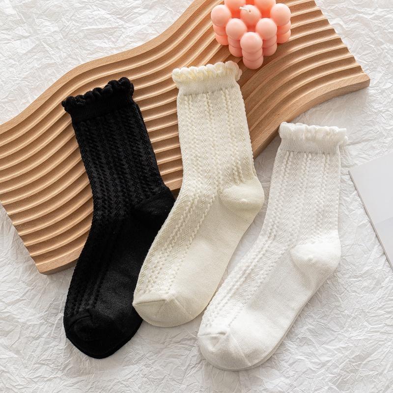 Womens Socks Ruffle Turn-Cuff Mid Cut Ankle Crew Socks All Season Soft Knit Cotton Socks Solid Color Lettuce Dress Sock