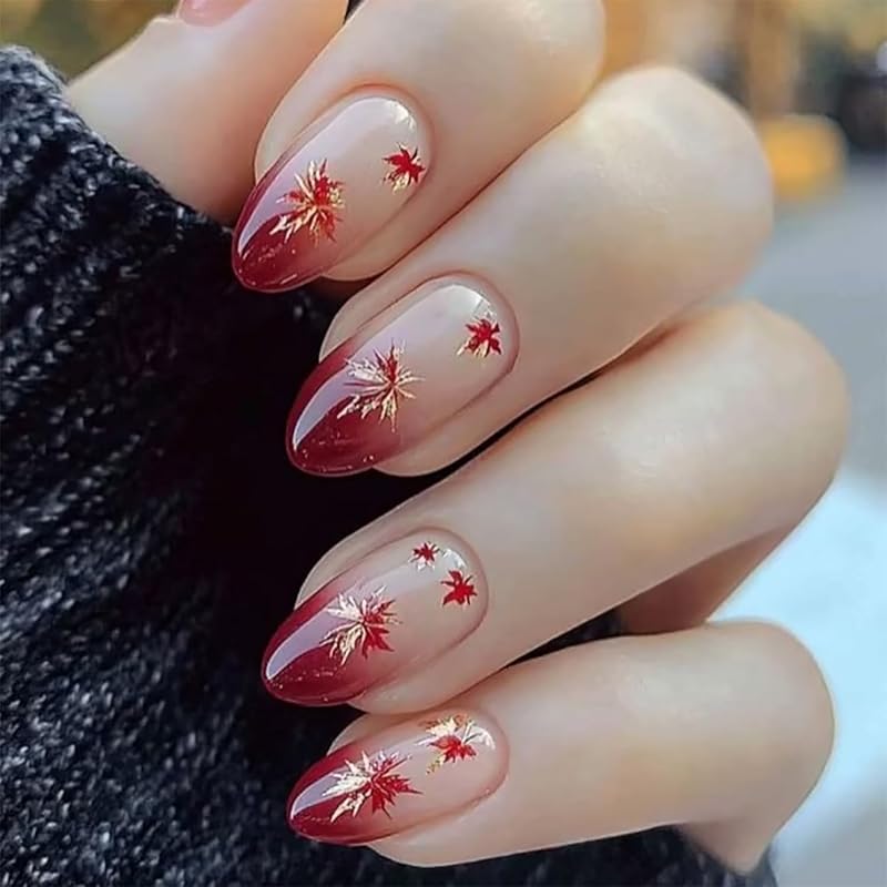 Fall Maple Leaf False Nail Thanksgiving Press on Nails Almond Shaped Medium Autumn Acrylic Artificial Fingernails Full Cover Glossy Thanksgiving Fall Maple Leaf 1