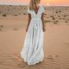 Women Summer Short Sleeve Dot Print Tassels V Neck Long Dress Beach Maxi Dress