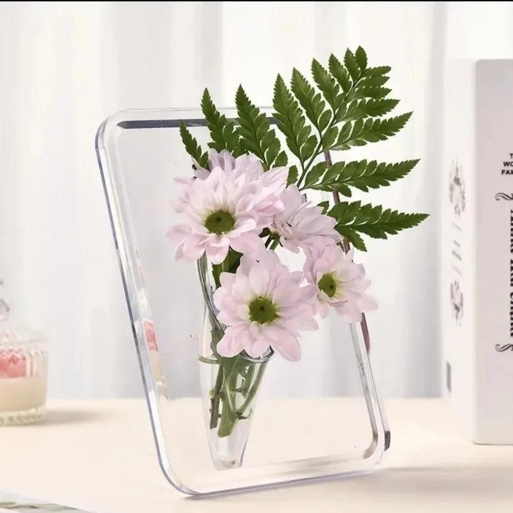 Acrylic transparent hydroponic flower vase with photo frame, decorative potted green plants for living room, desktop