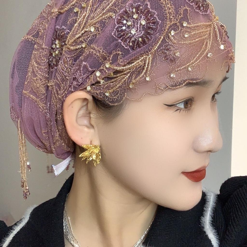 Double-Layer Fish Tail Tassel Hat Ageless Lace Turban Scarf Hair Cover