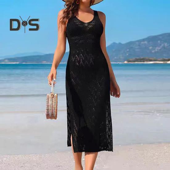 Sommerliches ausgehöhltes gestricktes Strandkleid für Damen, sexy V-Ausschnitt, ärmelloses Cami-Kleid, Boho-Überzugskleid, Sommer-Strandparty-Sommerkleid