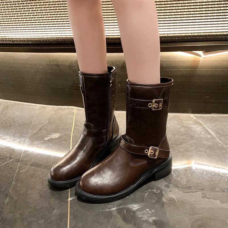 Winter New Round Toe Double Buckle Elegant Mid Length Boots Fashionable Sexy Comfortable Zipper Casual Boots For Women