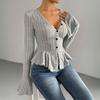 Women's clothing European and American elegant style T-shirt spring and summer new V-neck ruffle leaf edge slim temperament scratching top