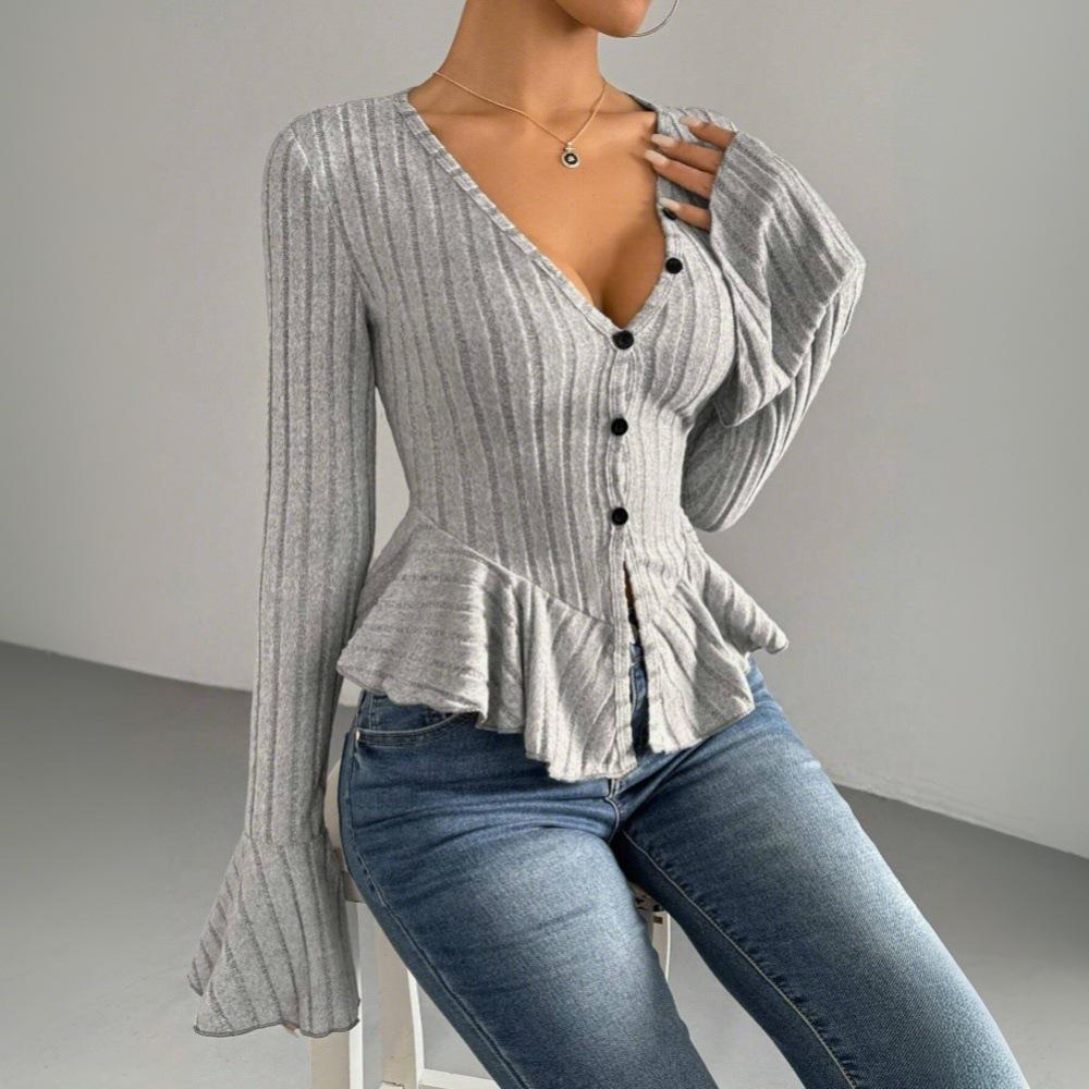Women's clothing European and American elegant style T-shirt spring and summer new V-neck ruffle leaf edge slim temperament scratching top