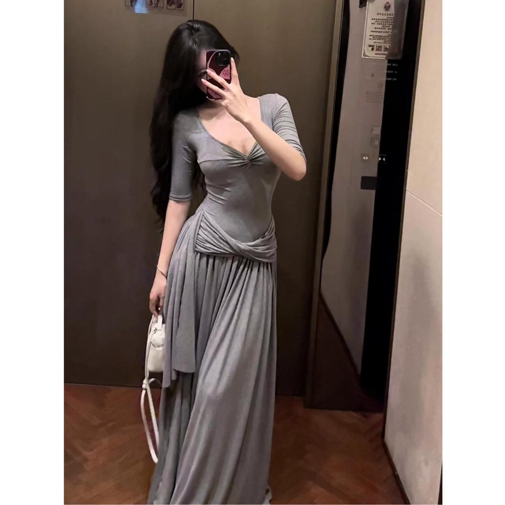 French Pure Desire Sexy Gray Twist Dress Children's Summer New Temperament Waist Dress