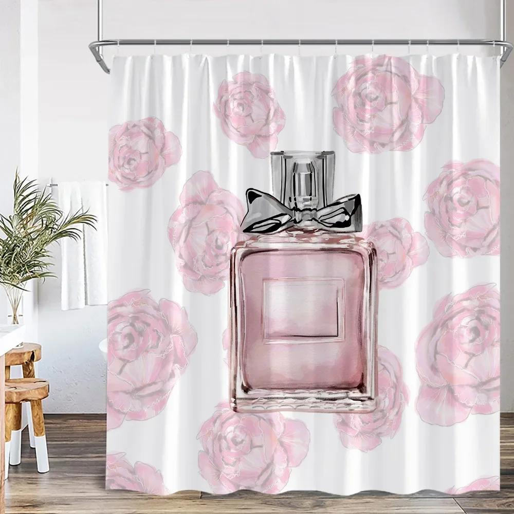 Pink perfume bottle shower curtain pink flower cosmetic pattern bathroom decoration modern fashion shower curtain with hook