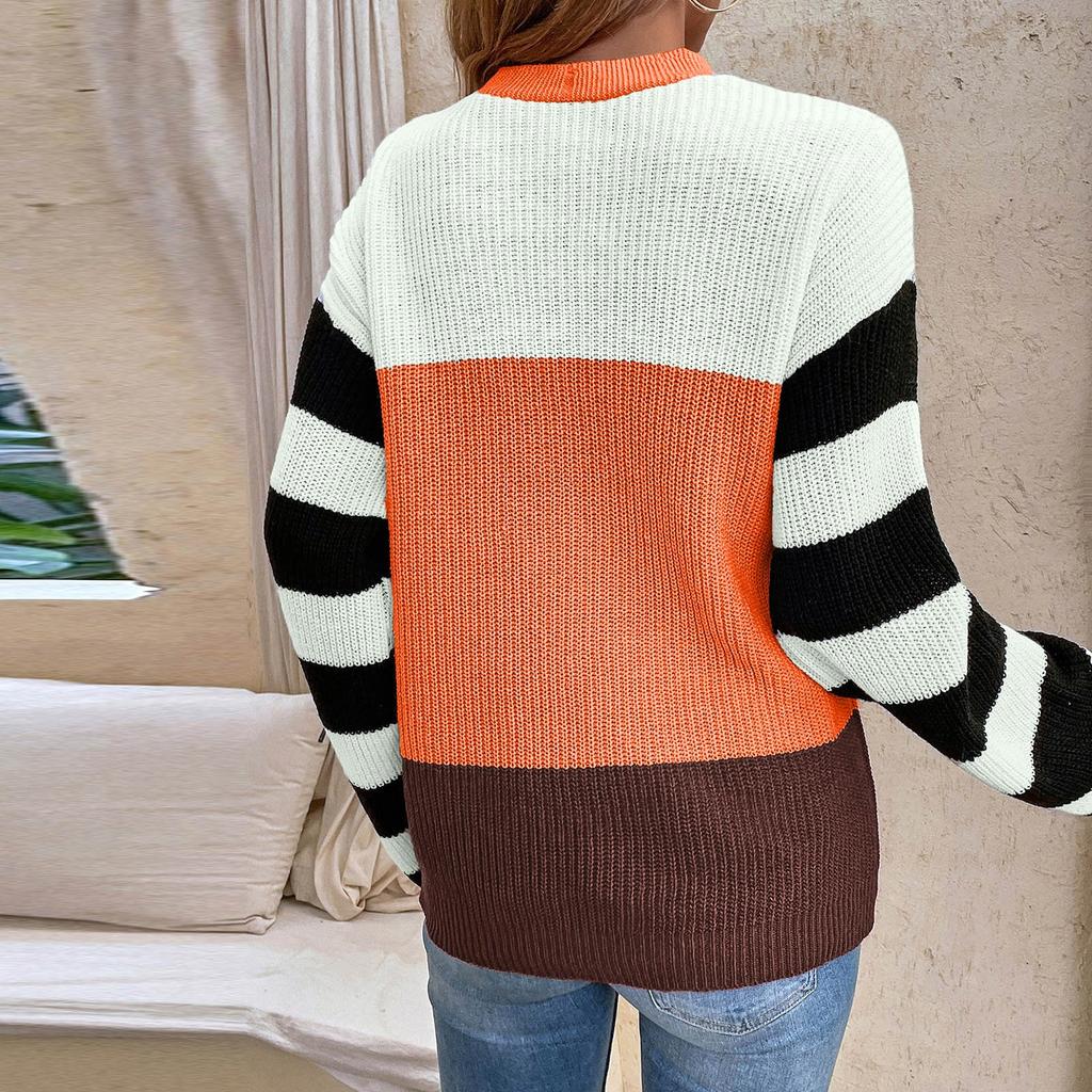 Women's And Winter Temperament Color Block Striped Pullover Sweater