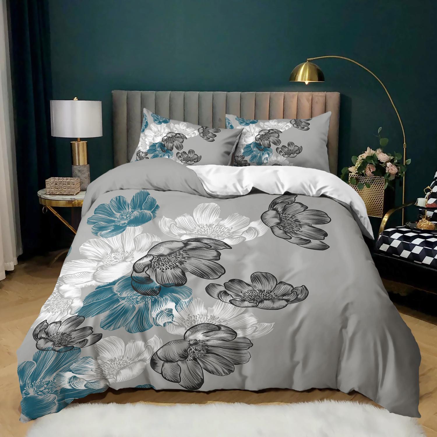 

3pcs Grey Teal Floral Bedding Duvet Cover Set Peony Bedding Quilt Set Botanical Themed Bed Quilt Set Luxury Bedroom Decor Duvet Cover Set&EU Single(135x200cm)