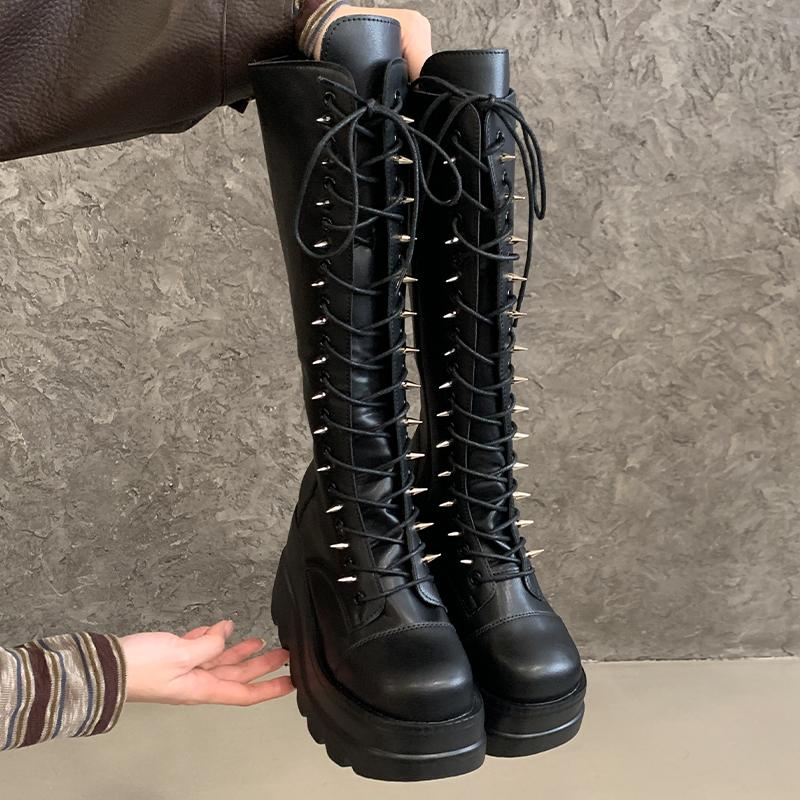 Fashion Wedge-Heeled Mid-Tube Boots Ladies Gothic Style Thick-Soled Motorcycle Knight Boots Slim High Platform Cowboy Boots