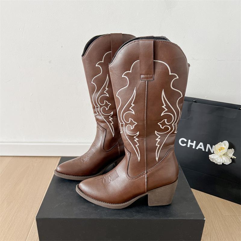 Brown retro embroidered pointed high-heeled western cowboy boots women's summer 2025 new versatile heightening knight boots
