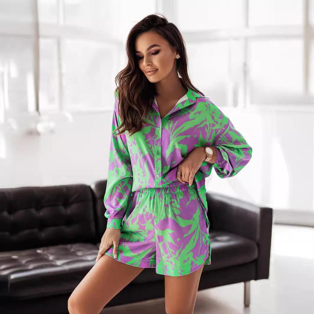 Women's Multi-color Vacation Style Casual Shirt and Shorts Set, 2022