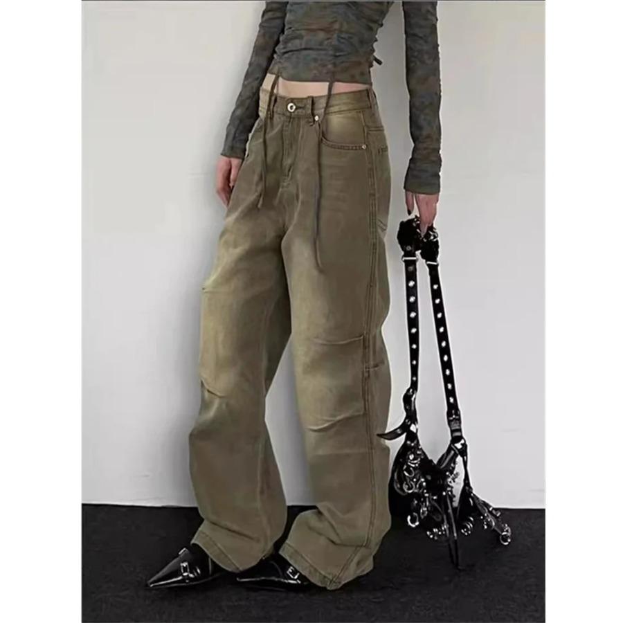 

Камуфляжные зеленые брюки-парашюты со складками, мешковатые джинсы для женщин, 2024 уличная одежда, повседневная одежда для бойфренда, полная длина, широкие брюки, прямые брюки