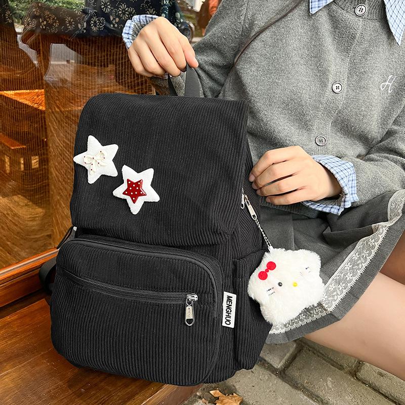Corduroy big cover college style student schoolbag soft sister large capacity junior high school student star backpack