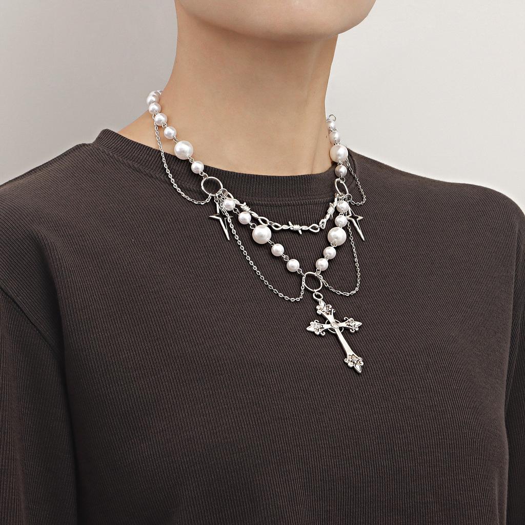 Niche Design Double-layer Bright Pearl Fringed Cross Star Cross Necklace Female Versatile