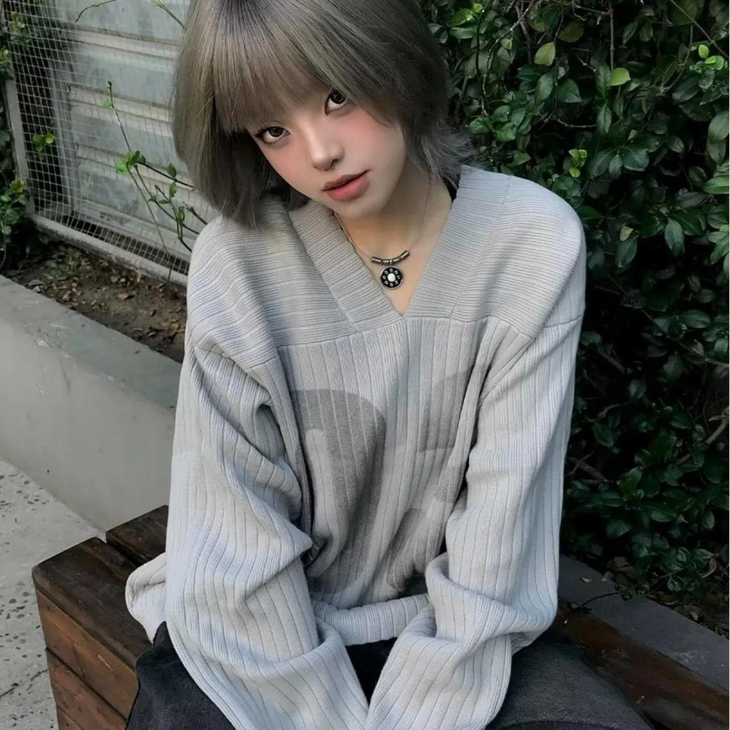 STREETRICH Retro American Loose Knitted Long Sleeve V-Neck Sweater Digital Print Versatile Top Trendy Fashionable Polyester Fiber