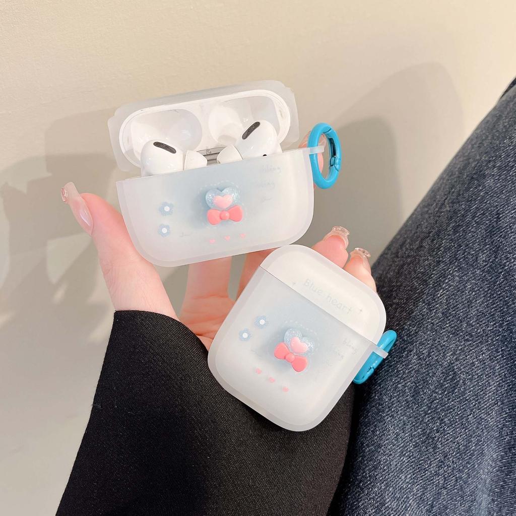 Blaues Herz 3D Schleife Kristall Niedliche Blume Matte Schlüsselanhänger Kopfhörerhülle Drahtlose Bluetooth Ladebox für Apple Airpod 1 2 Pro 3
