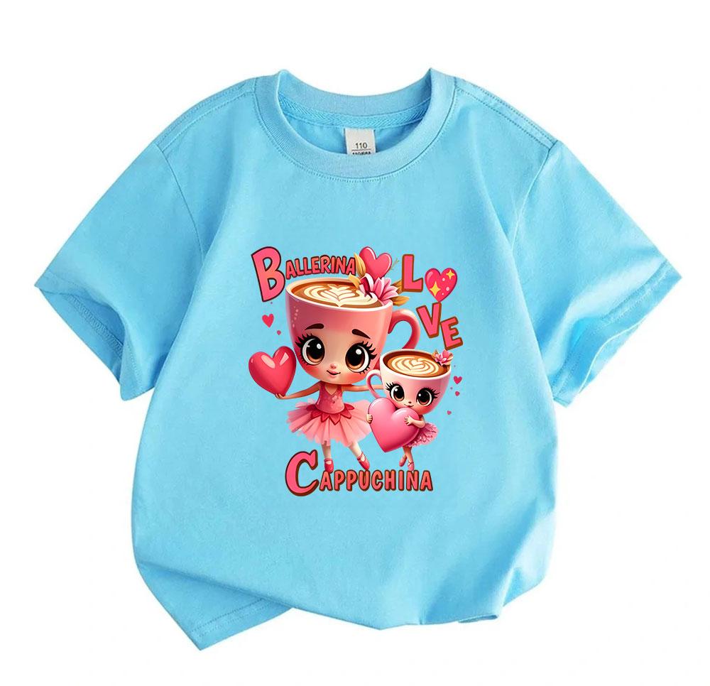 Kids Boys Girls 100% Cotton Crew Neck Short Sleeve T-Shirt, Cute Cappuccino Cup Ballerina Love Heart Print Casual Soft Tee for Daily Wear