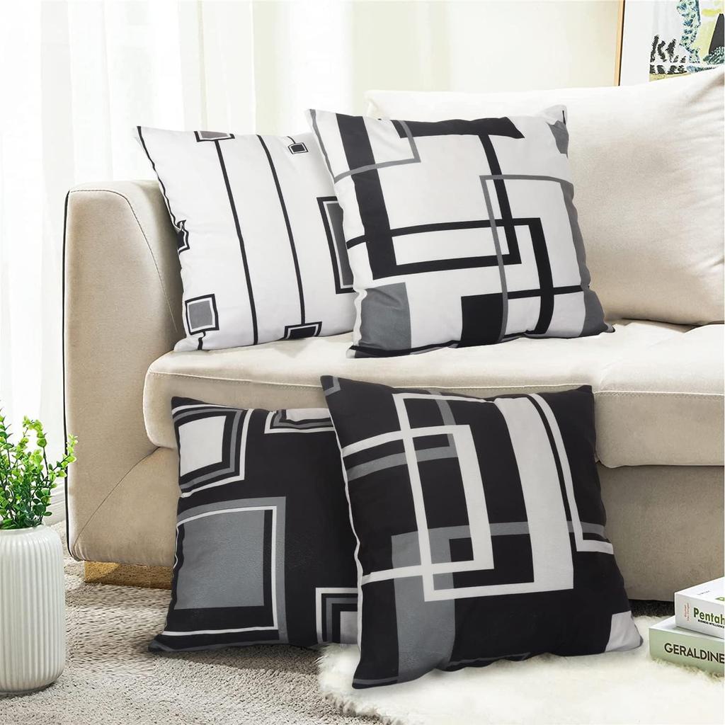 4Pcs Black White Gray Geometric Square Line Abstract Printed Pillow Cover Polyester Cushion Case 2D Flat Printing Pillowcase Now