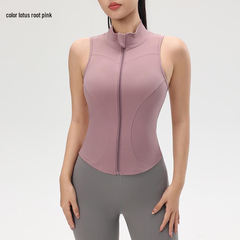 Dámský nahý top na jógu se zipem a ochranou proti nárazům - Zeštíhlující bez rukávů se stojáčkem pro letní venkovní sporty.