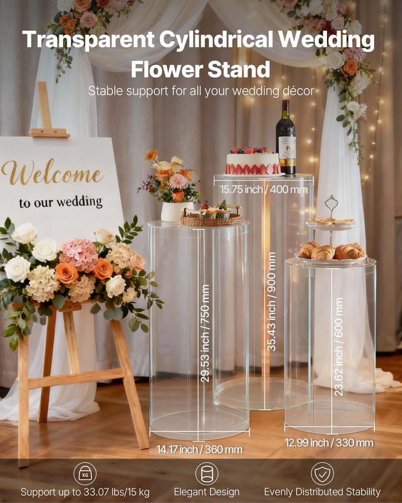 VEVOR Wedding Flower Stand, 3PCS 60/75/90cm Round Cylinder Plinth, Clear Pedestal Stand with Transparent Acrylic Lid