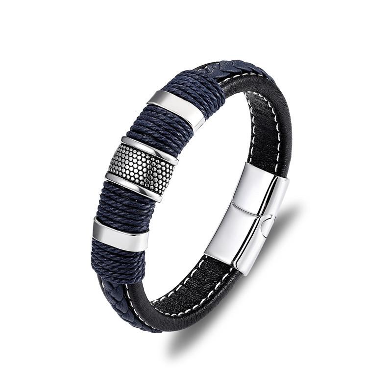 Punk Multilayer Braid Genuine Blue Leather Bracelet Titanium Stainless Steel Magnetic Buck Bracelet Men Homme Pulseras