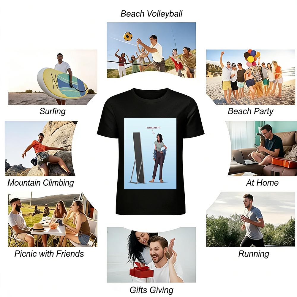 Tattoo Girl Looking In Mirror Graphic Tee Casual Loose Fit Trendy Daily Wear Top Pure Cotton T-shirt
