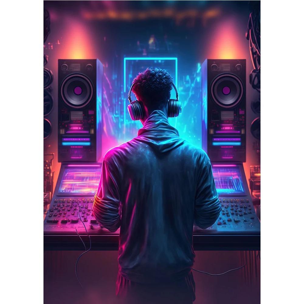 

Неоновый дизайн Музыка Крутой DJ Наушники Плакат Холст Картина Абстрактное настенное искусство Для современного бара Клубная комната Домашний декор Cuadros Без светодиодов 30x45cm No Frame