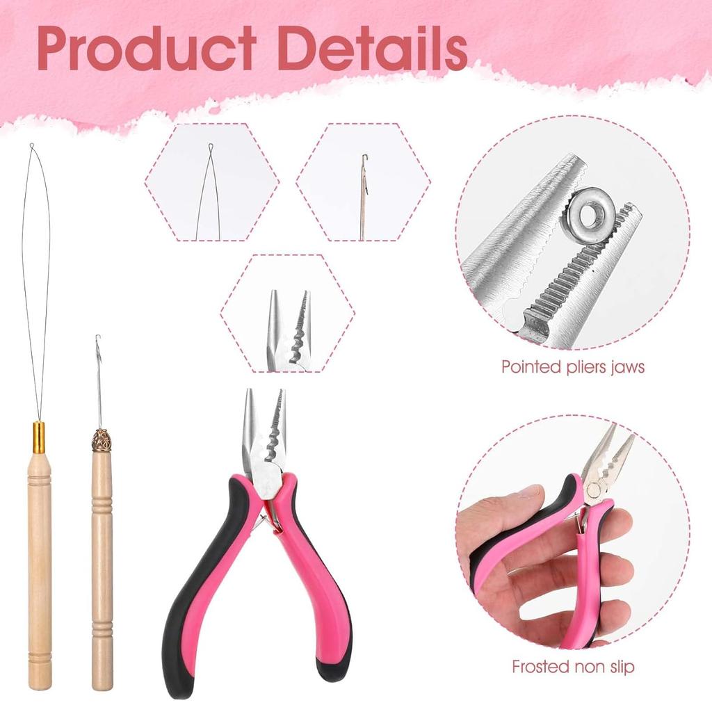 Hair Extension Tools Kit, 3 Pcs Microlinks Beads Tools Pliers Loop Needle Pulling Hook Tool 3-Hole Micro Links Hair Extensions Kit for Micro and Nano