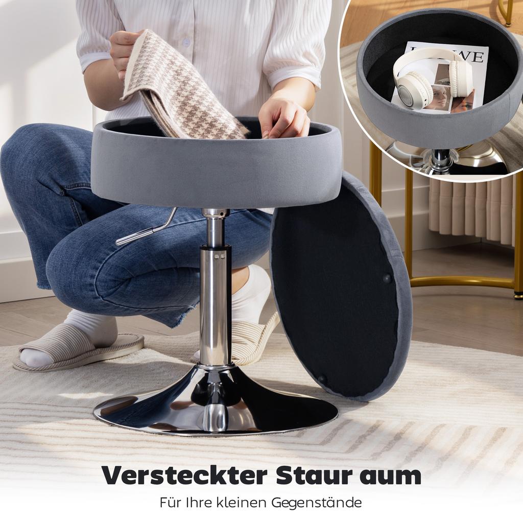 Bar Stool, Bistro Stool with Storage Space, Swivel Bar Chair, Height-adjustable Kitchen Stool with Velvet Cover, 39x39x65 cm, Grey