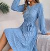 Spring Summer Women Long Sleeve O-Neck Floral Pleated High Waist A Line Long Dress