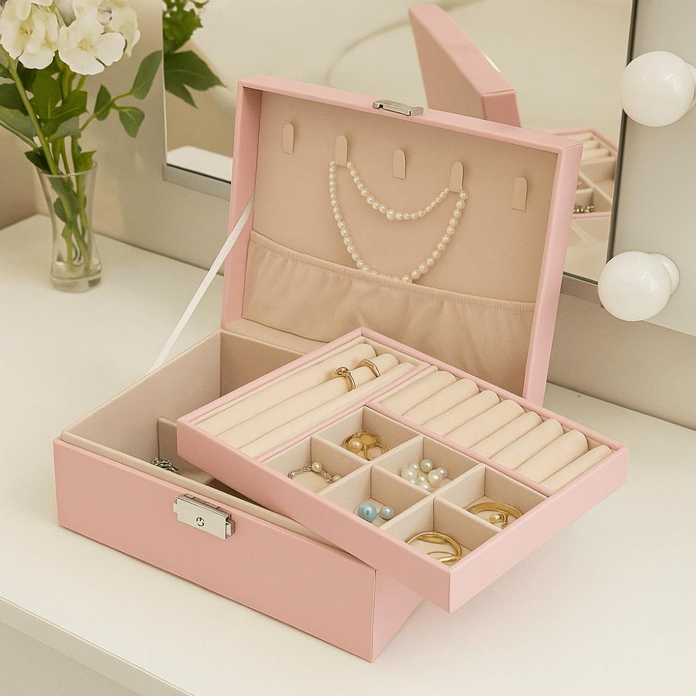 with Lock Leather Jewelry Organizer 2 Layer Necklace Earring Box  for Necklace Rings Earrings