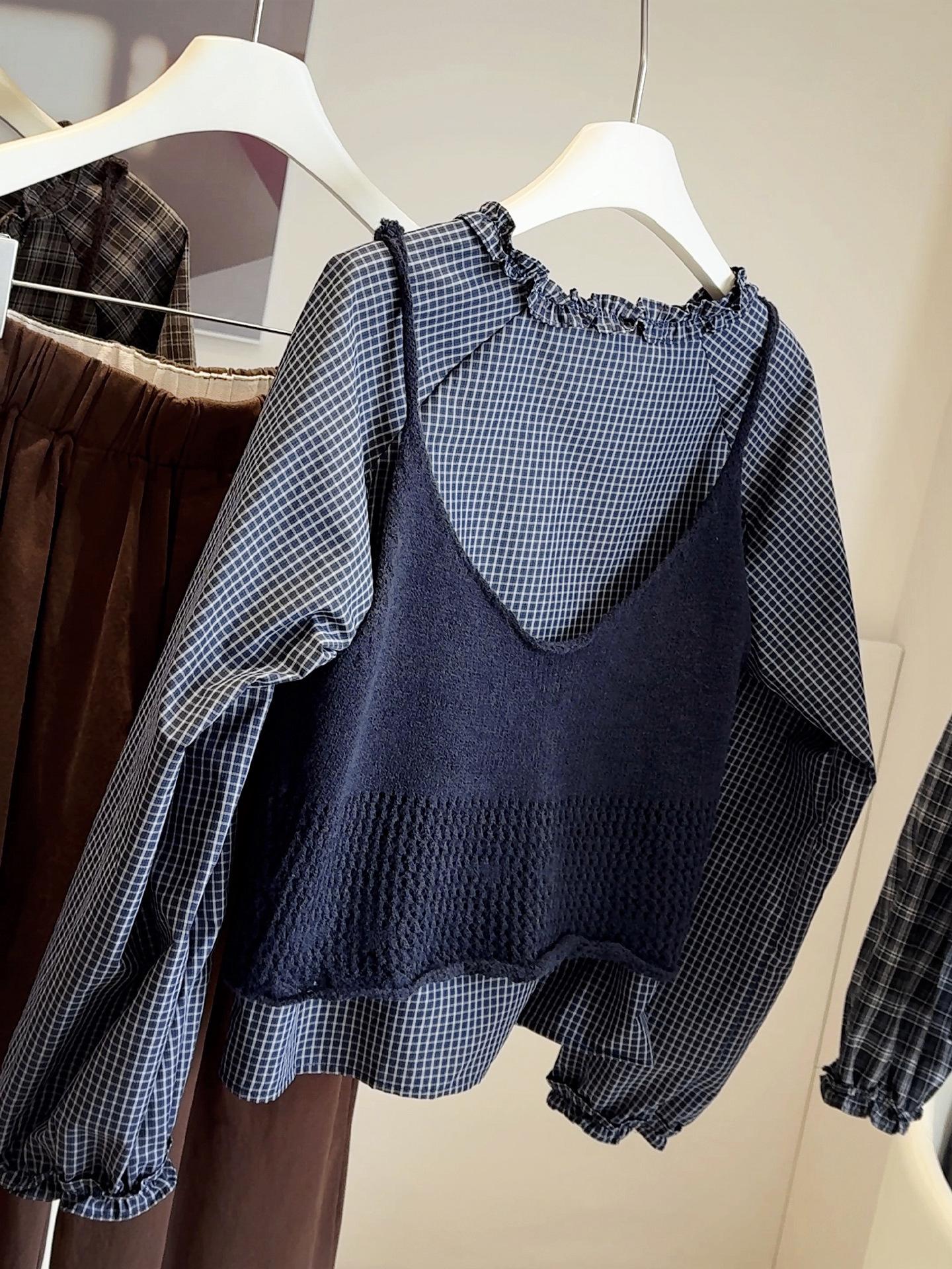 

Женский клетчатый рубашечный комплект с рюшами и завязками и вязаный жилет-майка - Коллекция Весна/Осень 2025 One Size