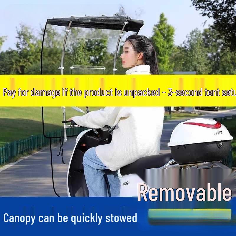Detachable Electric Vehicle Canopy: Fully Retractable Folding Awning for Motorcycle Sunshade, Windproof, and Rainproof.