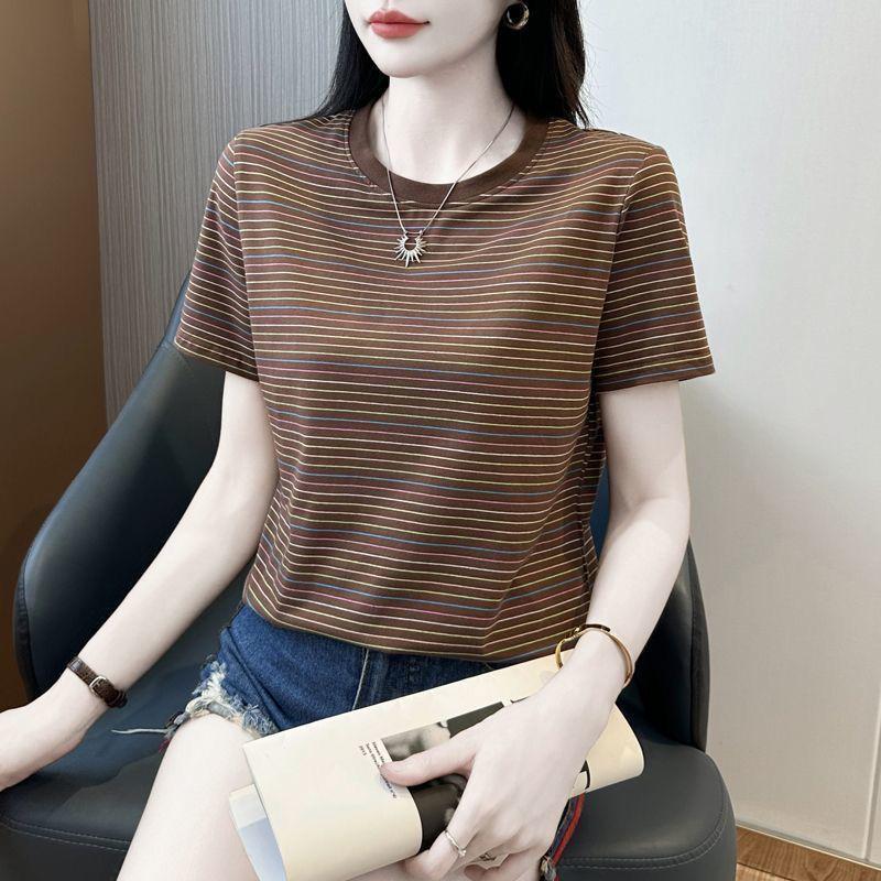 Women's Plus Size Striped Summer T-shirt - Stylish, Age-Reducing, Casual, Loose Fit, Short Sleeve Top