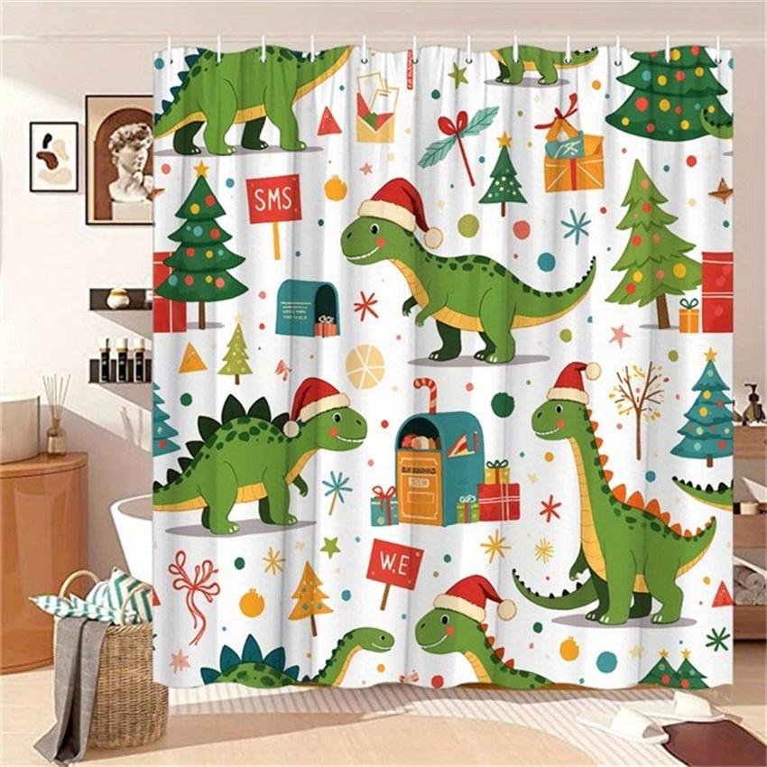 1pc Dinosaur Christmas Shower Curtain - Santa Hats, Gifts, Trees & Snowflakes, Green Dinosaurs, 70.8x70.8",  Washable Polyester