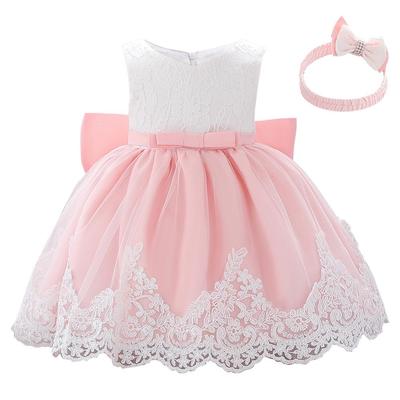 New Baby Princess Bow Stitching Lace Baptism Dress for Girls, Ages 1-3.
