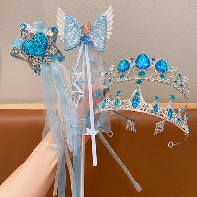 Acessório de cabelo de gelo e neve para menina, tiara de coroa, varinha mágica, laço de princesa, tiara de foto de aniversário de menina