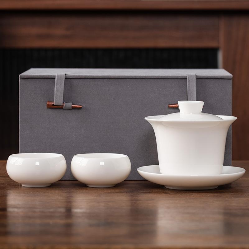 Hover Cover Bowl Suet Jade Porcelain White Porcelain High-end Three Talents Brewing Tea Bowl One Pot Two Cups Gift Box Light Luxury Boutique Tea Set