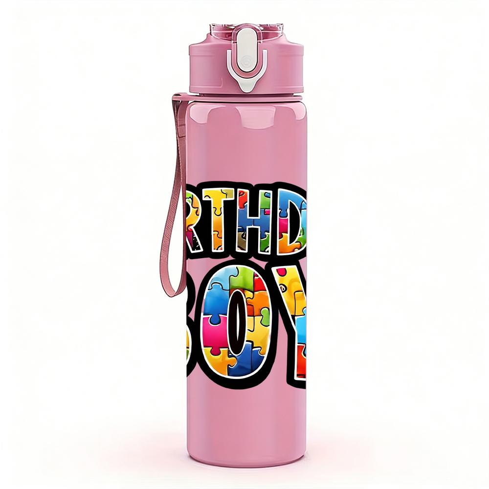1PC Rainbow Birthday Boy Bold Lettering 750ml Color Plastic Water Bottle Leakproof Flip Straw Lid For Sports Office Home Use