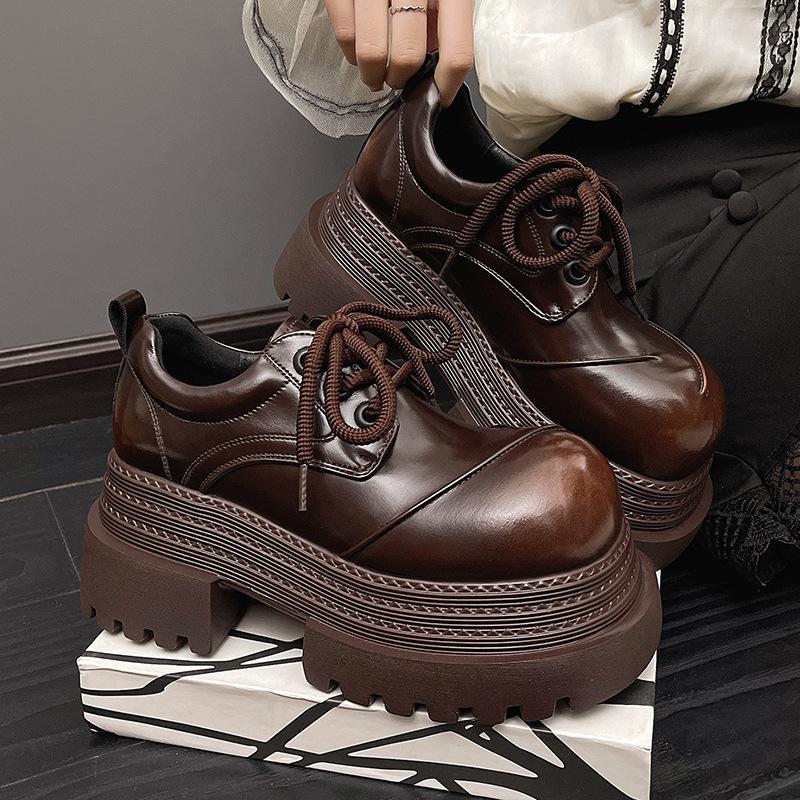 Muffin Sole Personalized Big Head Low-top Shoes 2025 Spring New Thick-soled Thick Heel Lace-up Casual Small Leather Shoes Loafers