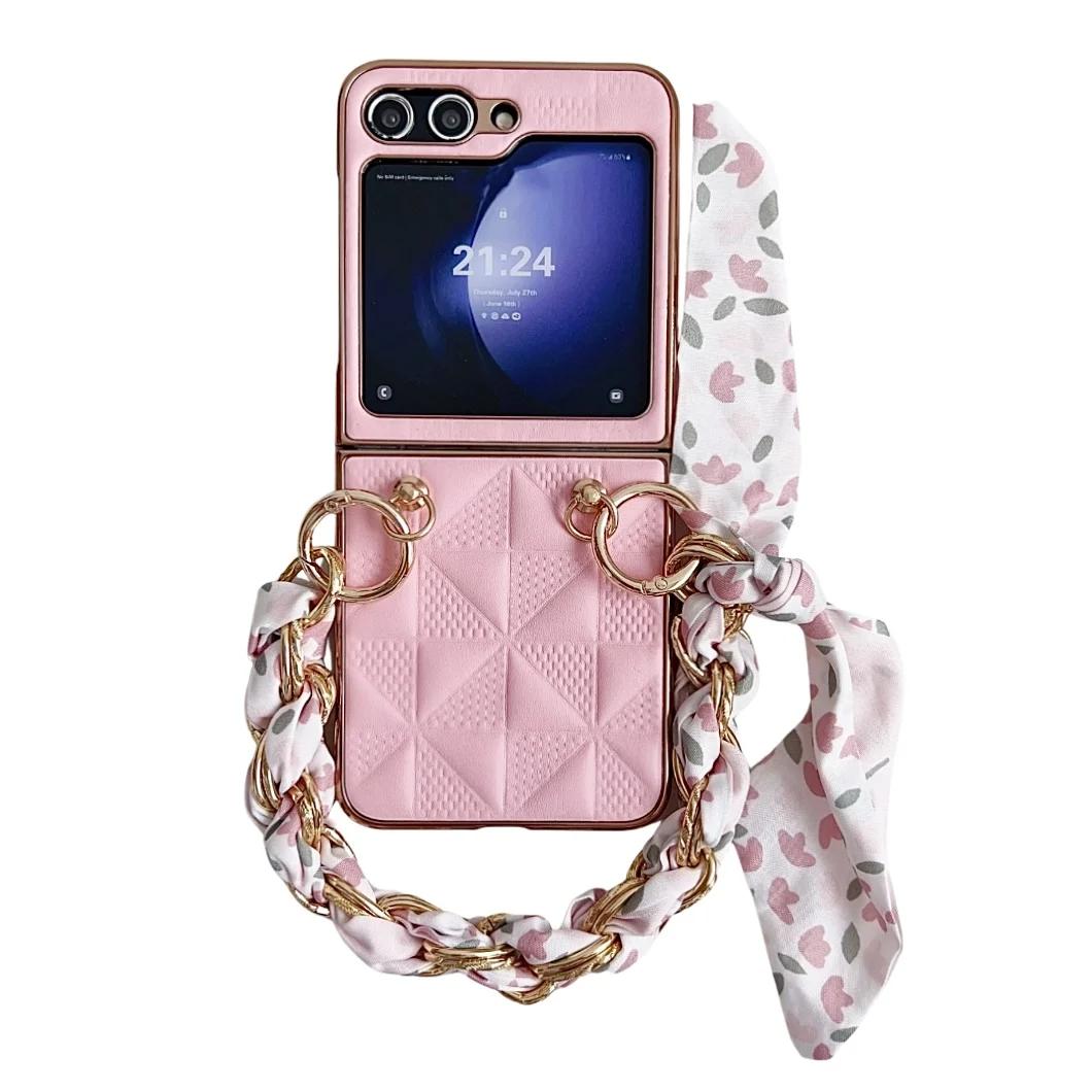 

Luxury Leather Wrist Strap Phone Case for Samsung Galaxy Z Flip 6 5 with Protective Shockproof Adjustable Lanyard Cover Galaxy Z Flip6 розовый